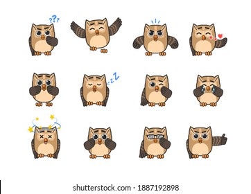 Set of brown owl characters showing various emotions. Cute owl mascot thinking, angry, in love, dazed, sleeping, crying and showing other expressions. Modern vector illustration