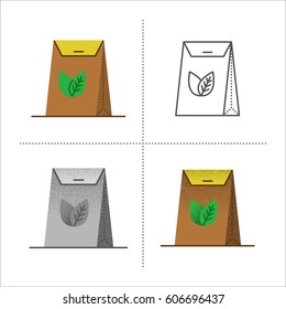 Set of brown packages with logo. Tea craft paper pack bag - icons in different styles: retro, flat, thin line, black and white with vintage texture. Vector illustration isolated on white background.