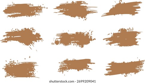 Conjunto de traçados de pincel de tinta marrom em um fundo branco. Marcas de pincel estilo Grunge para uso de design artístico, digital ou gráfico. Traçados texturizados ideais para decoração criativa e fundos.