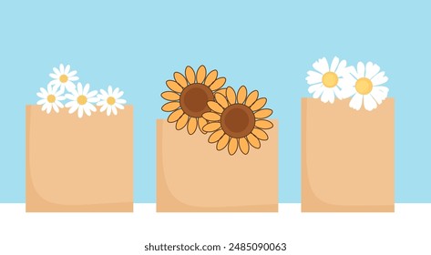 Set aus brauner Papiertüte mit Gänseblümchen-Blume und Sonnenblumen-Zeichen Vektorgrafik.  