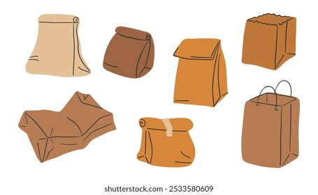 Set of brown paper bags on a white background. Vector illustration of eco friendly paper bag. Kraft paper bag for fast-food delivery. Vector illustration.