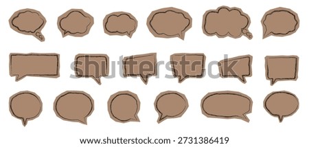 Set of brown paper cut speech bubbles with rough black brushstroke outlines on white background.