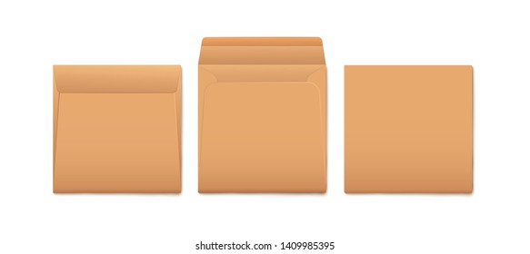 Set of brown paper envelopes for mail document or message blank mockup 3d realistic vector illustration isolated on white background. Open and folded stationery element.