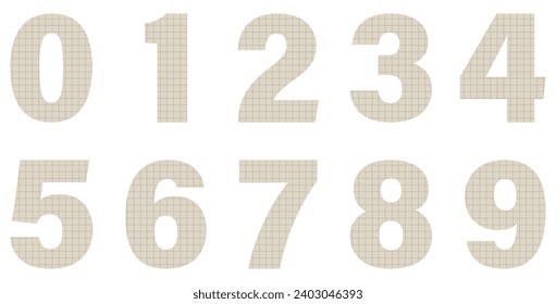 Conjunto de números de papel marrón aislados en blanco. Papel de un bloc de notas en una celda. Alfabeto. Elementos gráficos vectoriales para el diseño