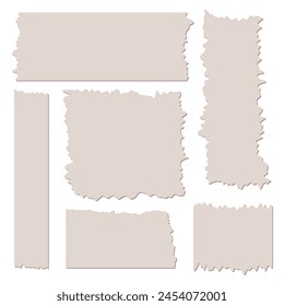 Set of brown paper sheets with shadows. Pieces of decorative tape for scrapbooks. Washi tapes collection in vector. Ripped paper. Torn pieces of paper from a notebook