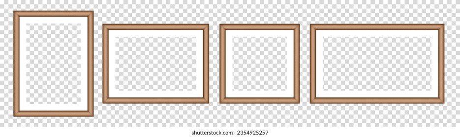 Set of brown photo frames. White passe-partout. Square and rectangular pictures. Poster or painting mockup on a transparent background	