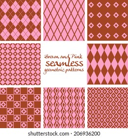 Set of brown and pink seamless geometric patterns from rhombuses