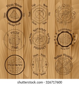 Set of brown pizza menu restaurant badges on beige wooden background vector illustration
