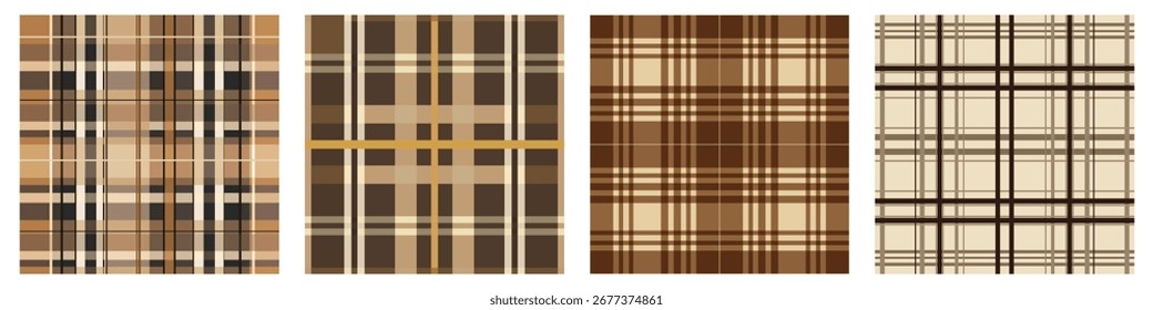 Set of Brown Plaid Check Seamless Patterns , sophisticated palette of brown, beige, and black, this set is perfect for classic fashion, textiles, and elegant backgrounds.vector