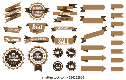 set of brown ribbons , badges and labels. flat design concept. branding and sale decoration. vector illustration. isolated on white background.