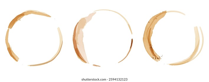 A set of brown round spots, streaks, drops from a coffee mug. Vector illustration.Isolated.