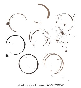 Set of brown round stains isolated on white, vector coffee color spots with drops, cup stamps, watercolor blot prints