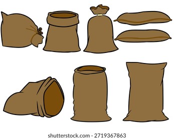 Set of brown sack illustrations in various shapes and angles on white background. Great for storage, farming, and packaging design