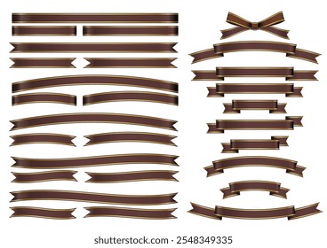 Set of brown satin ribbons with gold lines for gifts and message cards