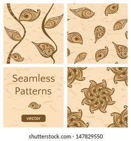 Set of brown seamless patterns with leaves. Autumn background. Vector illustration.