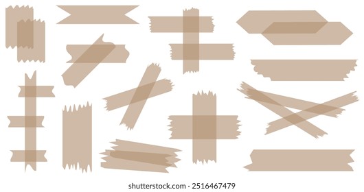 Set of brown semi-transparent washi tapes isolated on white. Washi tapes collection in vector. Pieces of decorative tape for scrapbooks. Torn paper