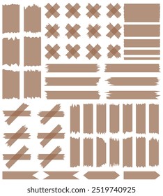 Set of brown semi-transparent washi tapes isolated on white. Tapes collection in vector. Pieces of decorative tape for scrapbooks. Torn paper	