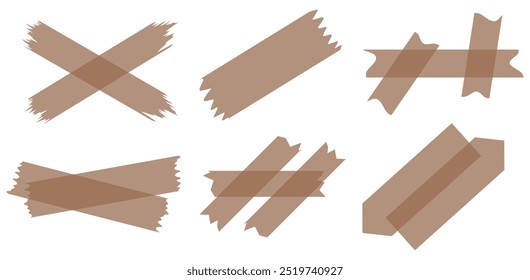 Set of brown semi-transparent washi tapes isolated on white. Tapes collection in vector. Pieces of decorative tape for scrapbooks. Torn paper	