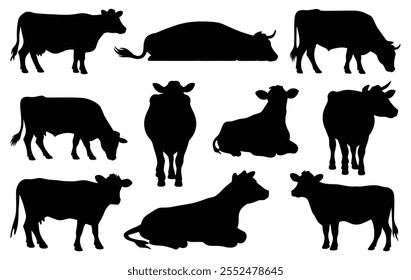 Set of brown swiss cow silhouettes in various poses. isolated vector on white background.