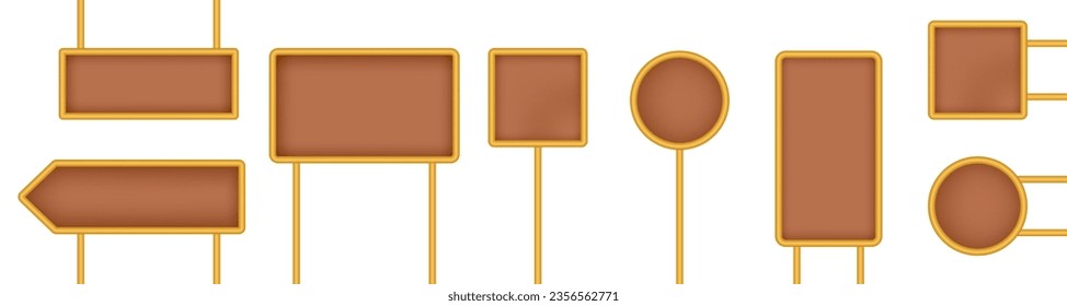 Set of brown tablets, hanging panels, signboards with pointer isolated on a transparent background. Round and square signposts. 3D metal roadside pointers. Blank billboard