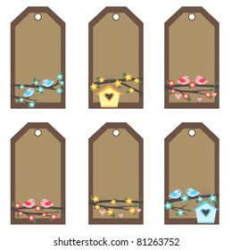Set of brown tags with birds on branches.