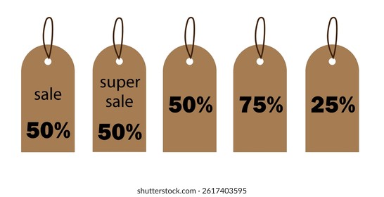 set of brown tags sale text on a white background,