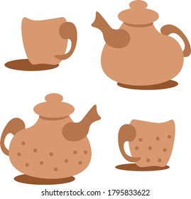 
Set of brown teapots and cups on a white background
