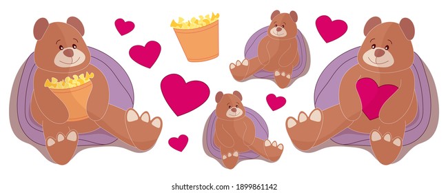 Set of brown teddy bears holding a heart and popcorn in their paws. Children's stock vector illustration isolated on white background. Cartoon illustration, separate elements - bear, heart, popcorn.