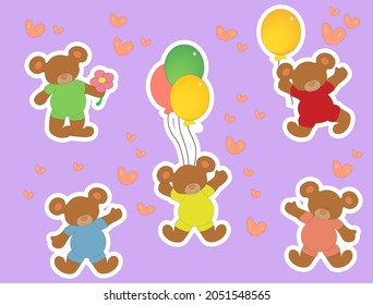 A set of brown teddy bears stickers for children illustration in vector,eps 10 format