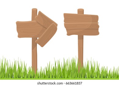 Set brown text notice billboard. Cartoon wooden hand drawn arrow advice banner. Empty funny advertise pointer isolated white background. Green lush grass art design. Information vector travel way.