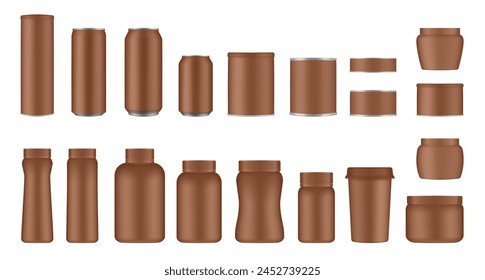 Set of brown tin cans and jars. Coffee or tea canister. Tin can for preserves or pet food. Beer, cocktail or soda can. Chips tube. Cookie jar. Round box for sugar or flour