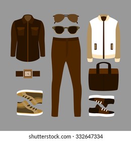 Set of brown trendy men's clothes and accessories. Men's wardrobe. Vector illustration