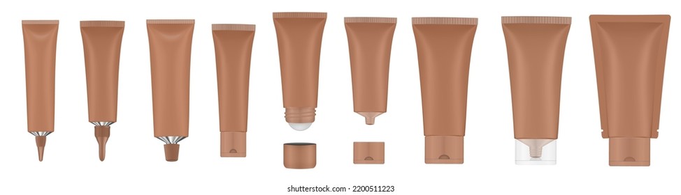 Set of brown tubes and bottles. Roller ball tube. Open and closed blank tubes with screw cap. Realistic mockup. Long nozzle tube. Ointment or salve. Gel serum. Korean packaging