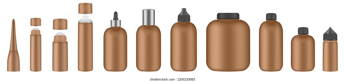 Set of brown tubes and bottles. Roller ball tube. Body antiperspirant deodorant roll-on, open and closed blank tubes with screw cap. Realistic mockup. Eye Cream Roll Ball. Dropper, atomizer