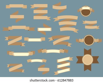 Set of brown vintage ribbons and labels isolated on blue background. Light vector ribbons