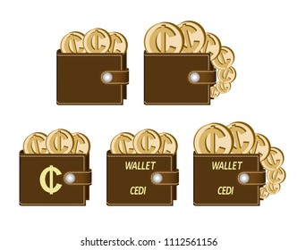 set of brown  wallets with cedi coins on a white background , currency in the wallet,sign and symbol currency concept in the form of coins,words wallet cedi and sign on the face of the wallet