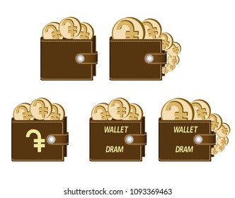 set of brown  wallets with dram coins on a white background , currency in the wallet,sign and symbol currency concept in the form of coins,words wallet dram and sign on the face of the wallet