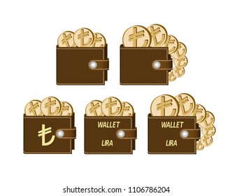 set of brown  wallets with lira coins on a white background , currency in the wallet,sign and symbol currency concept in the form of coins,words wallet lira and sign on the face of the wallet