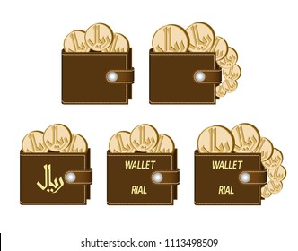 set of brown  wallets with rial coins on a white background , currency in the wallet,sign and symbol currency concept in the form of coins,words wallet rial and sign on the face of the wallet