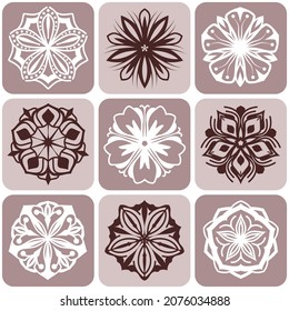 Set of brown and white mandala isolated on background. Vector decorative round ornaments. Minimal design elements flower shape of snowflake icon for logo, tattoo artwork.