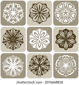 Conjunto de mandala marrón y blanca aislada en segundo plano. Ornamentos decorativos vectoriales redondos. Elementos de diseño mínimo forma de flor de icono de copo de nieve para logotipo, arte de tatuajes.