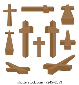 Set of brown wooden christian crosses in different positions and views on a white background