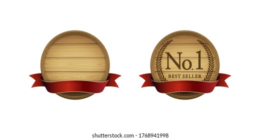 set of brown wooden circle frame with red ribbon.