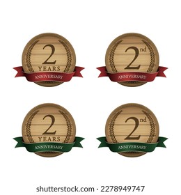 set of brown wooden circle frame with ribbon. 2nd anniversary icon.