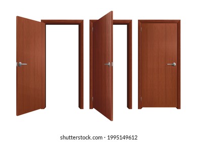 Set of Brown Wooden Doors on white background, realistic vector illustration