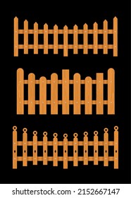 Set of brown wooden fences. Vector illustration isolated on black background