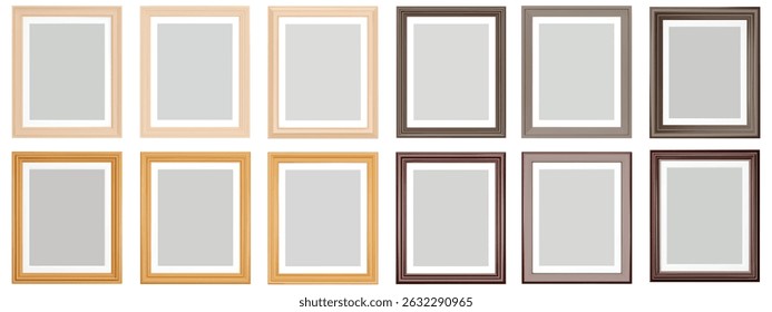 Set of brown wooden frame isolated on white background. Realistic rectangle frames mockup. Classic Photo modern frame. Borders set for painting, poster, photo gallery. 3d vector illustration.