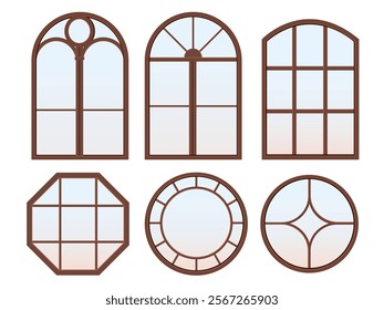 Set of brown wooden or plastic frames. Houses and apartments windows types. Exterior and interior design, home renovation architecture 