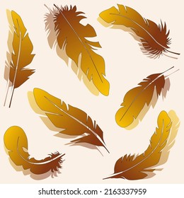 A set of brown to yellow gradient feathers with stroke, light and airy illustration