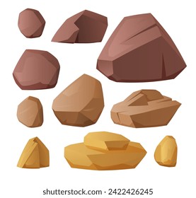 Set of brown and yellow stone rocks of different sizes and shapes flat style, vector illustration isolated on white background. Decorative design elements collection, nature, hard material